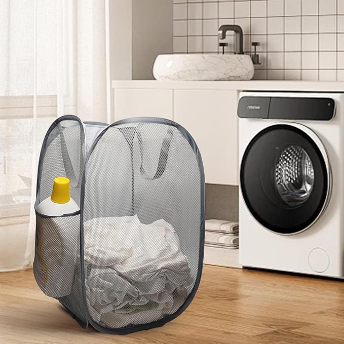 The upgraded pop-up laundry basket features a breathable side pocket mesh design - Image 6