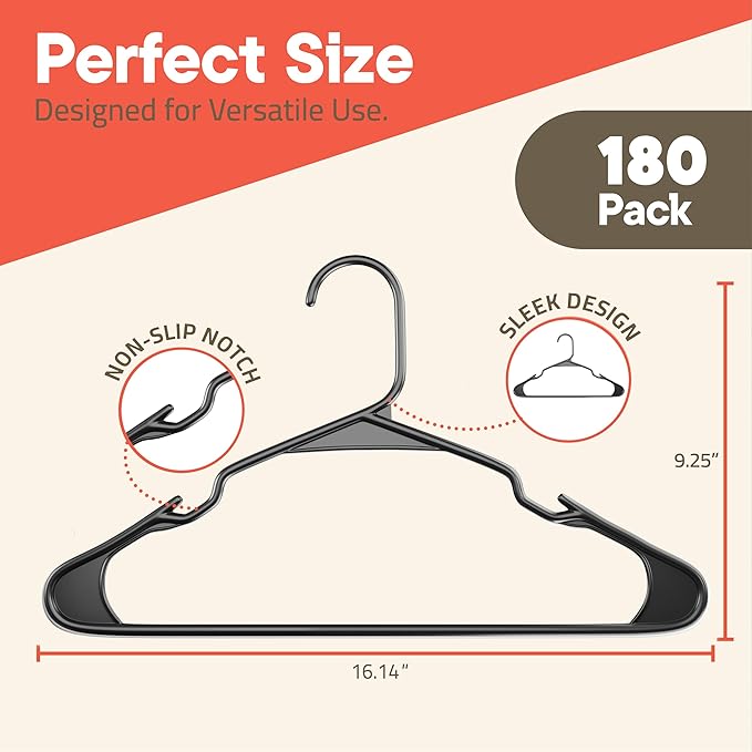 Gray Plastic Hangers 180 Pack– Heavy-Duty Plastic Hangers Slim and Space-Saving - Image 2