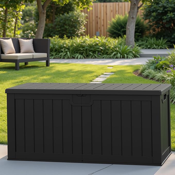 Patiowell 240 Gallon Large Outdoor Storage Box, Waterproof Deck Box with Fixed Divider, Lockable and Durable Patio Storage Solution for Patio Furniture and Garden Tools (Black) - Image 6