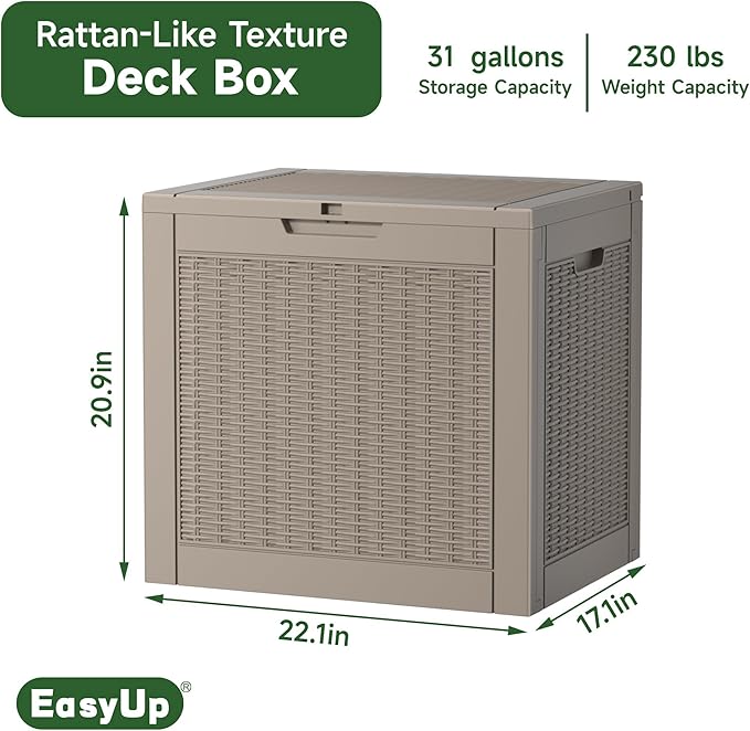 EasyUp 31 Gallon Outdoor Storage Box, Resin Waterproof UV-Resistant Deck Box, Reinforced Stability for Patio, Garden, and Poolside, Rattan Gray - Image 2