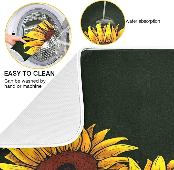 ALAZA Sunflower with Leaves On Dark Dish Drying Mat - Image 2