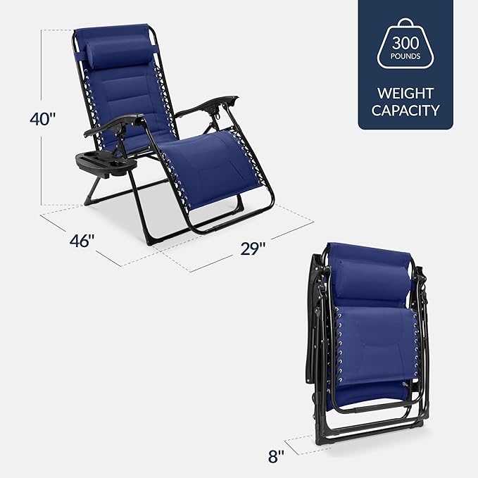 Best Choice Products Oversized Padded Zero Gravity Chair, Folding Outdoor Patio Recliner, XL Anti Gravity Lounger for Backyard w/Headrest, Cup Holder, Side Tray, Polyester Mesh - Cobalt Blue - Image 2