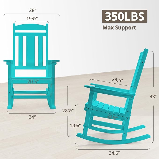 LUE BONA Outdoor Rocking Chairs Set of 2, HDPS Porch Rocker with High Back, Plastic Weather Resistant Rocking Chairs for Outdoor Indoor, Garden, Backyard, 350lb,Aruba Blue - Image 2