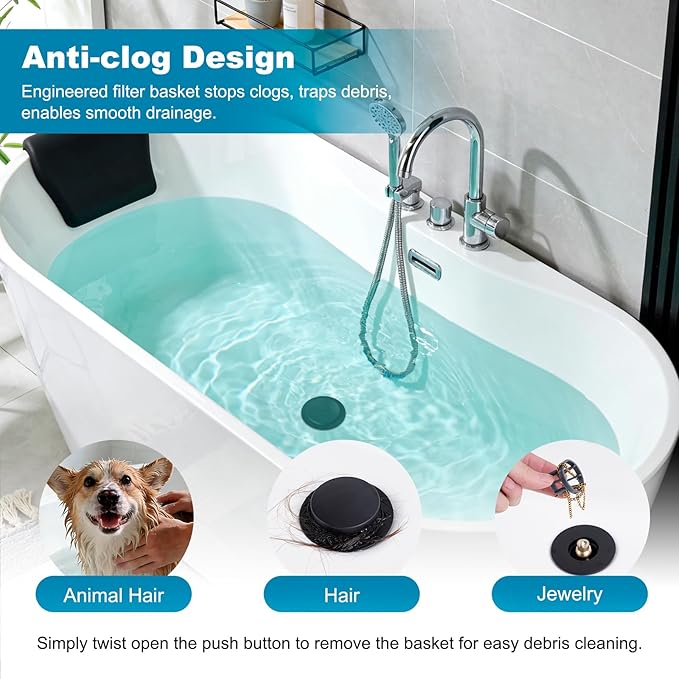 Hibbent 3 in 1 Metal Bathtub Drain Stopper, Universal Pop Up Tub Stopper - Image 7