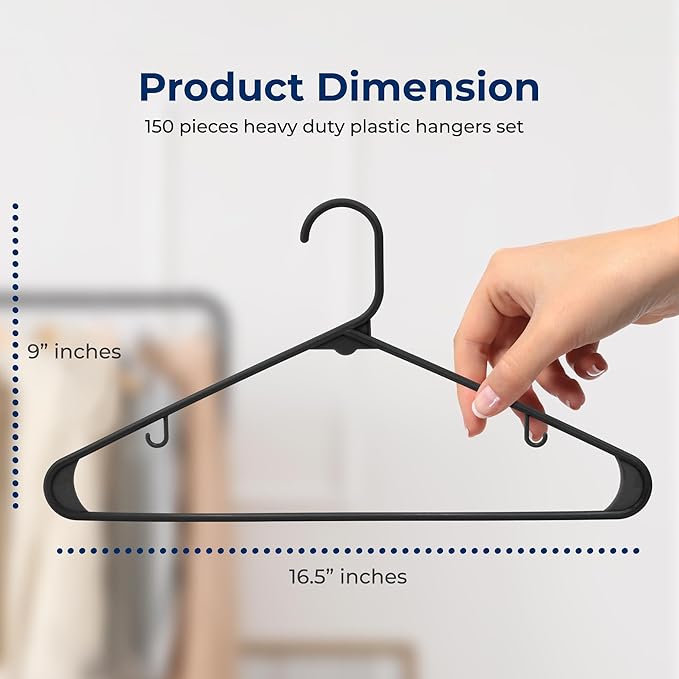 SereneLife 150-Piece Plastic Hangers Black – Heavy Duty Non-Slip Clothes Hanger - Image 2