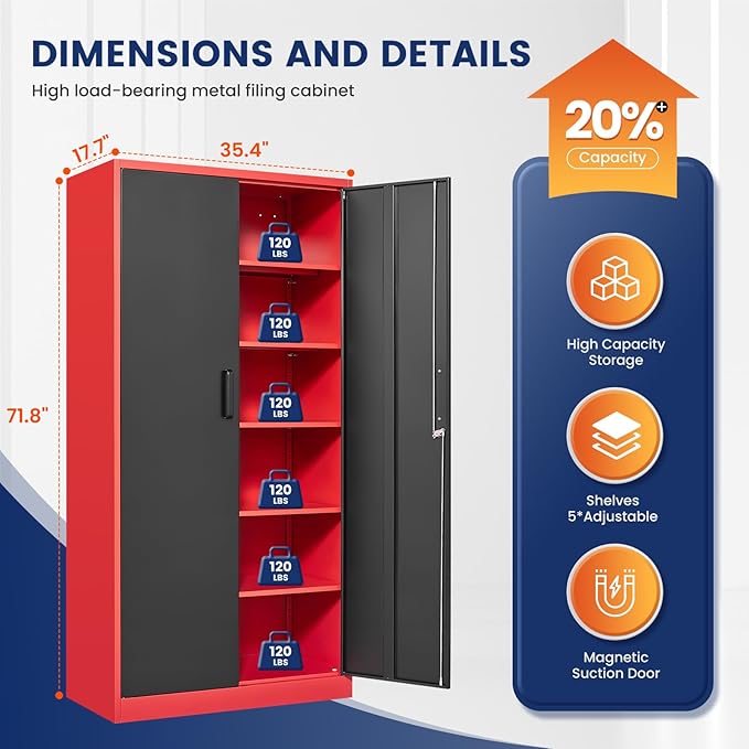 Yizosh Metal Storage Cabinet with Lock Doors and 5 Adjustable Shelves,- 72" Garage Storage Cabinet for Home,Office,Garage,School - Image 3