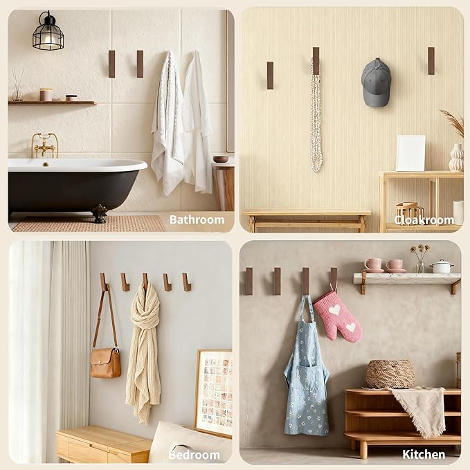 6 Pack Walnut Wood Wall Hooks – Handcrafted Solid Wood Hooks - Image 6
