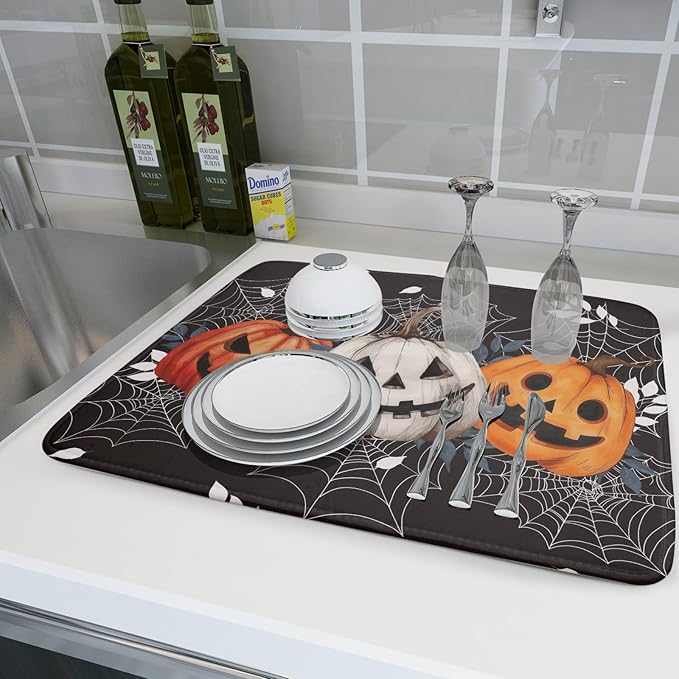 Halloween Dish Drying Mat for Kitchen Counter Spooky Pumpkins Spiderweb Super - Image 6