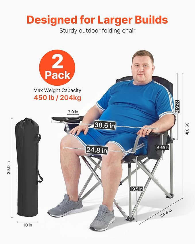 VEVOR Oversized Camping Folding Chair, Portable Heavy Duty Outdoor Quad Lumbar Back Padded with Side Pockets, Cup Holder and Cooler Bag for Beach, Lawn, Picnic, Fishing, Backpacking, 2 Pack - Image 3