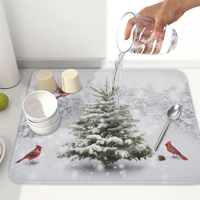 Winter Forest Dish Drying Mat for Kitchen Counter Silvery White Pine Trees Snow - Image 6