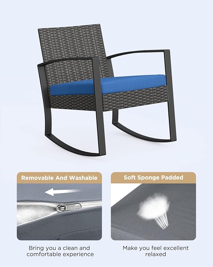 3 Piece Patio Bistro Set Patio Furniture Set Outdoor Wicker Rocking Furniture Conversation Set with Tempered Glass Coffee Table for for Front Porch Balcony and Deck (Blue Cushion) - Image 4