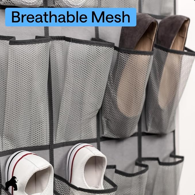 GORILLA GRIP Over the Door Shoe Organizer, 24 Large Breathable Mesh Pockets - Image 5
