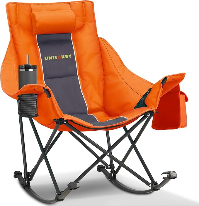 Oversized Rocking Camping Chair with Headrest & Cup Holder - 400lbs Capacity, 600D Oxford Fabric, Easy Fold Portable Outdoor Rocker Chair for Camping, Backyard, Beach, Orange by Unknown