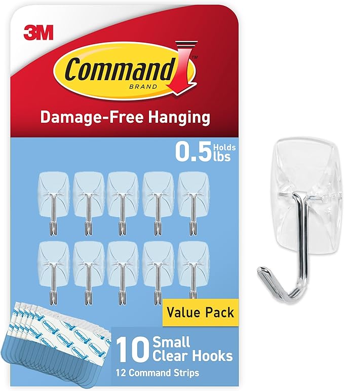 Command Small Clear Wire Toggle Hooks, 10 Wall Hook and 12 Strips, Damage-Free by Command