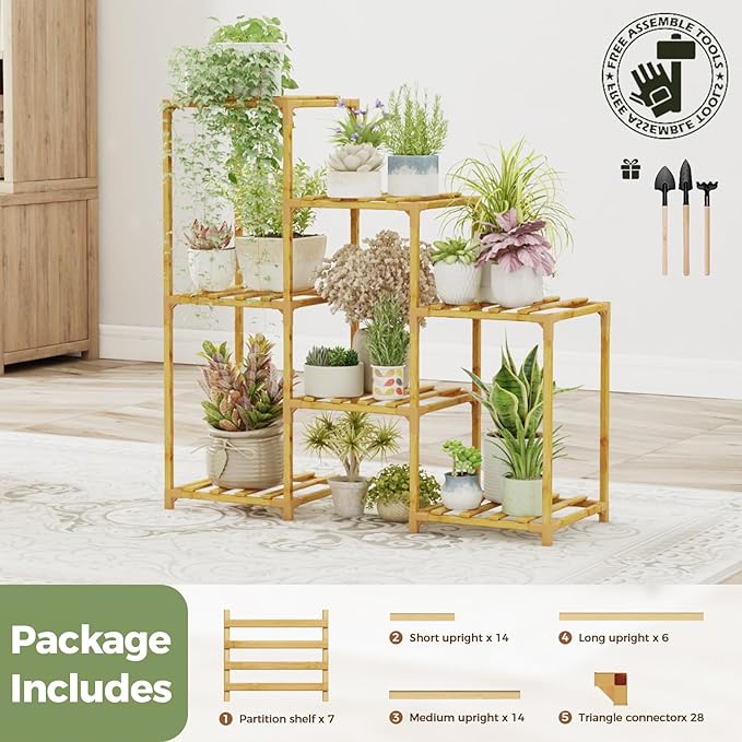 Bamworld Bamboo Plant Stand Indoor Boho Plant Shelf Tiered Plant Rack for Multiple Plants 3 Tiers 7 Pots Ladder Plant Holder Plant Table for Plant Pots Home Decor for Gardening Gifts Nature Color - Image 6