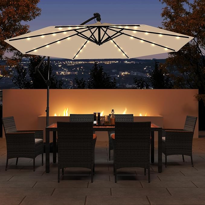 Tangkula 10ft Solar LED Patio Umbrella with Base, Offset Cantilever Outdoor Umbrella with 32 LED Lights, Infinite Tilt, 360 Degree Rotation, Crank Handle for Pool Deck Garden Backyard (Beige) - Image 2