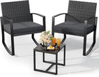 3 Pieces Patio Furniture Set Rocking Bistro Set, Outdoor Patio Furniture Set with Coffee Table for Garden Balcony Backyard Poolside (Black Cushion) by Qsun