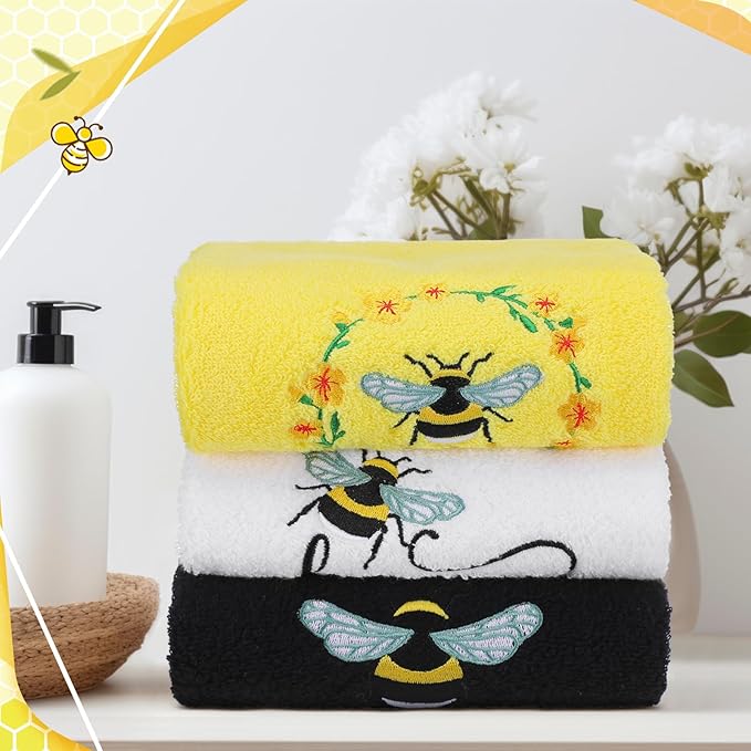 Bee Hand Towels Farmhouse Summer Yellow Bathroom Decor 14x29 Inch Embroidered - Image 5