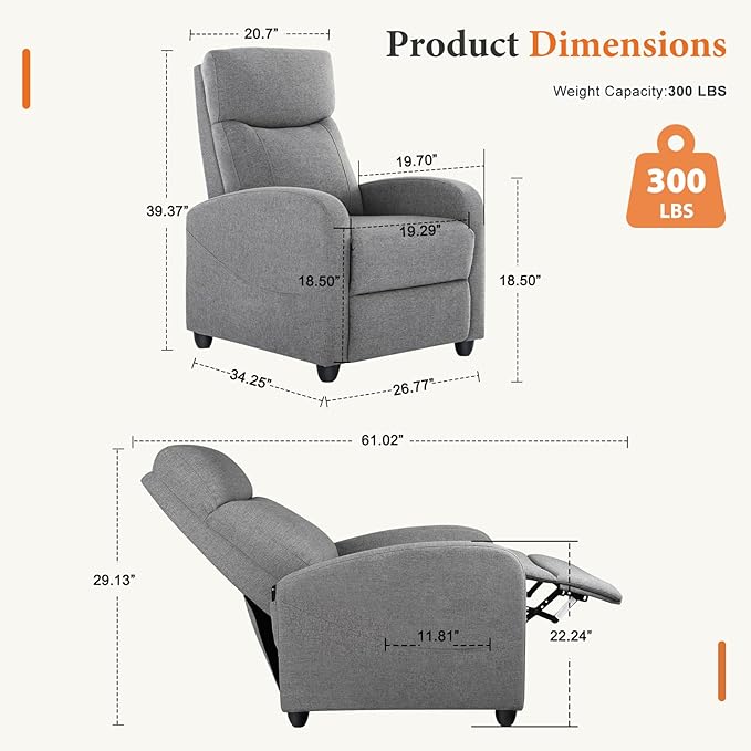 Sweetcrispy Recliner Chair Fabric Recliner Sofa No Massage, Home Theater Seating with Lumbar Support, Adjustable Push Back Overstuffed High-Density Sponge Reclining for Living Room, Slate Gray - Image 3