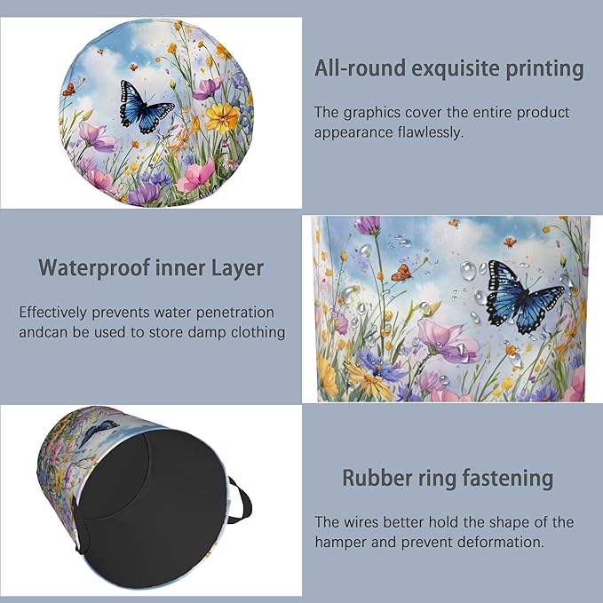 Wildflowers Butterfly Laundry Basket, Floral Garden Oxford Cloth Laundry Hamper - Image 5