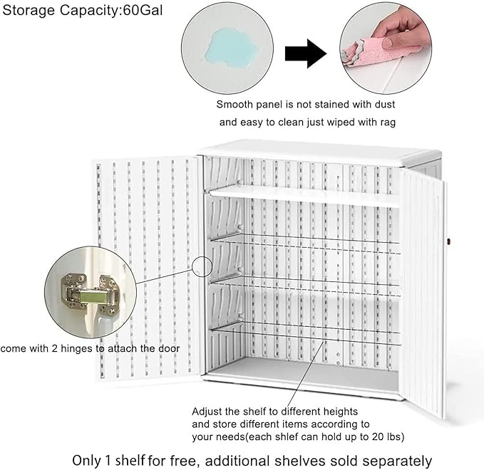 Indoor Outdoor Storage Cabinet Waterproof with Shelf, Off White Plastic Outdoor Cabinets for Patio/Garden/Backyard, Size 34.3''L*15''W*36.2''H - Image 8
