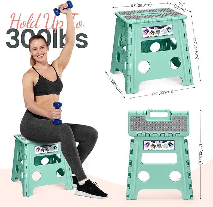 Delxo Folding Step Stool 13 Inch Non-Slip Foldable Stools for Kids & Adults Up to 300 LBS Kitchen Collapsible Fold Up Stepping Stool with Dotted 1 Pack Green - Image 3