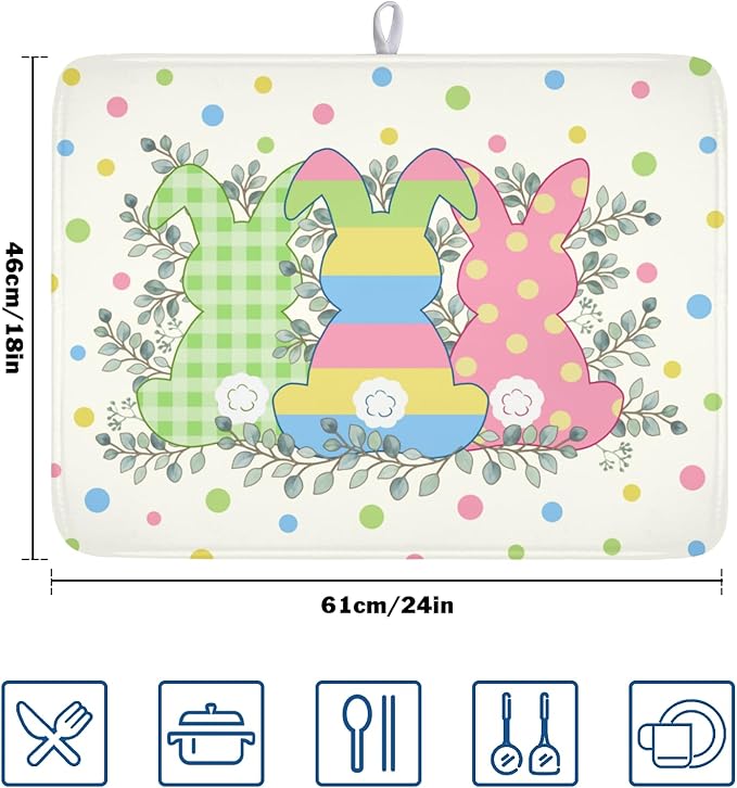 Easter Bunny Dish Drying Mat for Kitchen Counter Cute Rabbit Colorful Polka - Image 2