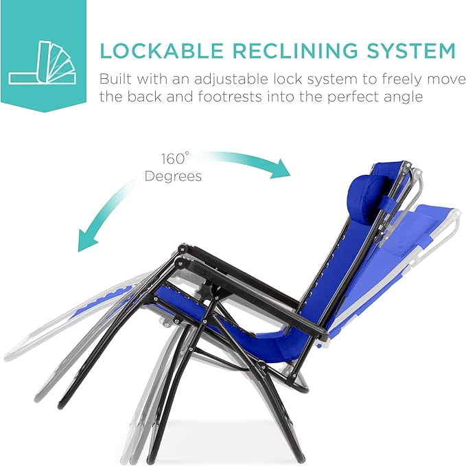 Best Choice Products Folding Zero Gravity Outdoor Recliner Patio Lounge Chair w/Adjustable Canopy Shade, Headrest, Side Accessory Tray, Textilene Mesh - Cobalt Blue - Image 4