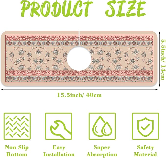 Sink Splash Guard Faucet Mat Retro Boho Flowers Absorbent Fast Drying Mat Sink - Image 2