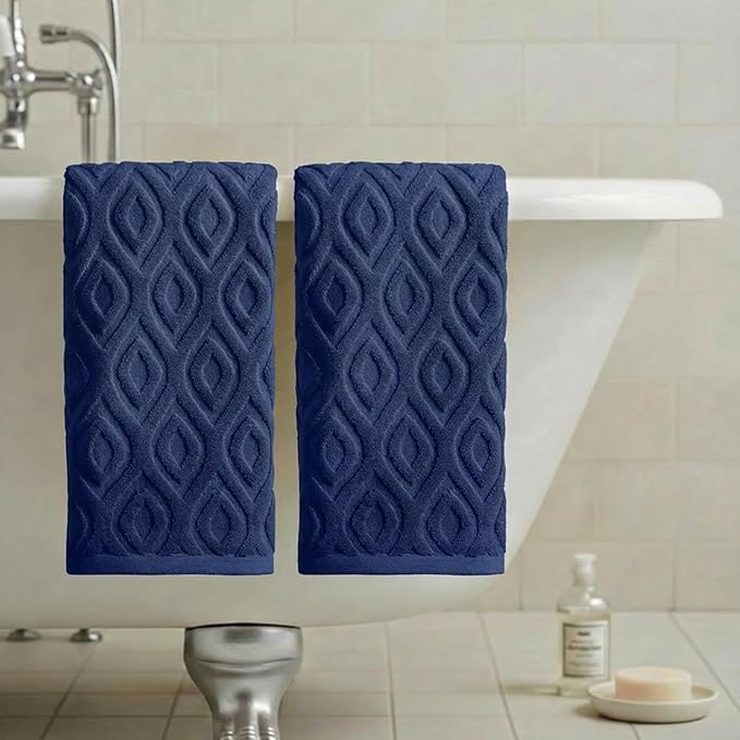 Artoid Mode 2 Pcs Navy Blue 3D Diamond Grid Jacquard Hand Towels - Image 4