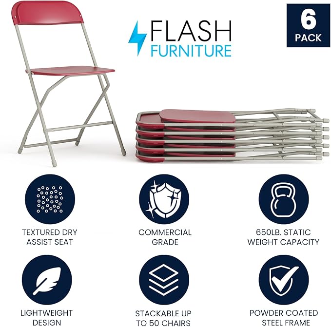 Flash Furniture Hercules Series Plastic Folding Chair - Red - 6 Pack 650LB Weight Capacity Comfortable Event Chair-Lightweight Folding Chair - Image 3
