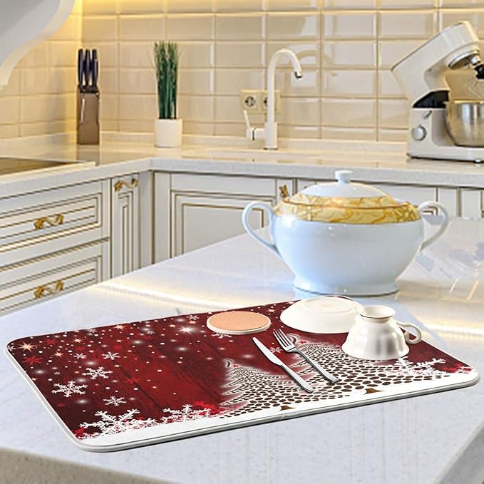 Christmas Tree Dish Drying Mat 16x18 inch Xmas New Year Snowflake Wooden Dish - Image 6