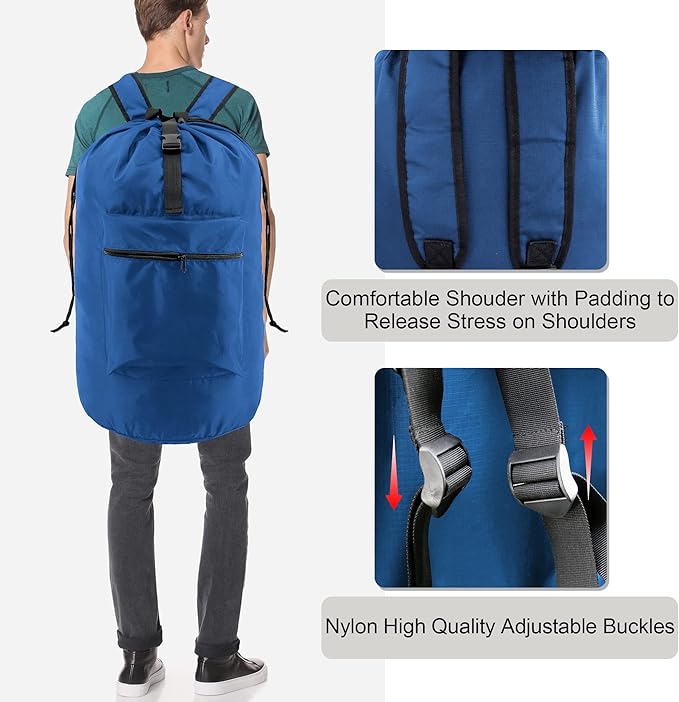 BeeGreen Laundry-Bag-Backpack-Heavy-Duty, Royal Blue Nylon Drawstring Portable - Image 3