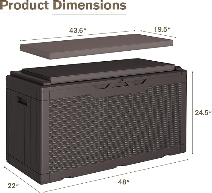 JUMMICO 100 Gallon Resin Deck Box with Cushion, Waterproof Outdoor Storage Box with Lockable Lid for Garden Tools, Patio Cushions (Brown) - Image 2