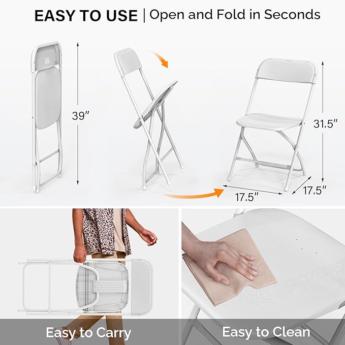 VINGLI 8 Pack White Plastic Folding Chair, Indoor Outdoor Portable Stackable Commercial Seat with Steel Frame 350lb. Capacity for Events Office Wedding Party Picnic Kitchen Dining - Image 3