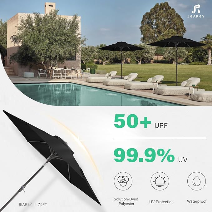 JEAREY 7.5FT Patio Umbrella Market Table Umbrella with 6 Sturdy Ribs, Push Button Tilt/Crank Outdoor Umbrella for Garden, Deck, Backyard, Pool, Black - Image 3