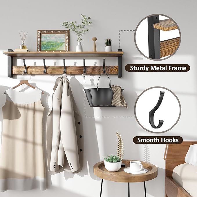 Coat Rack Wall Mount with Shelf, 29 Inch Coat Hanger Walls Mounted, Hat Rack - Image 3