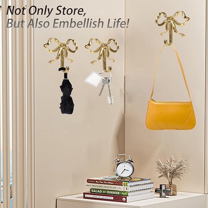 2-Pack Gold Bow Wall Hooks Gold Brass Coat Hook Home Decorative Hook Bow-Knot - Image 5