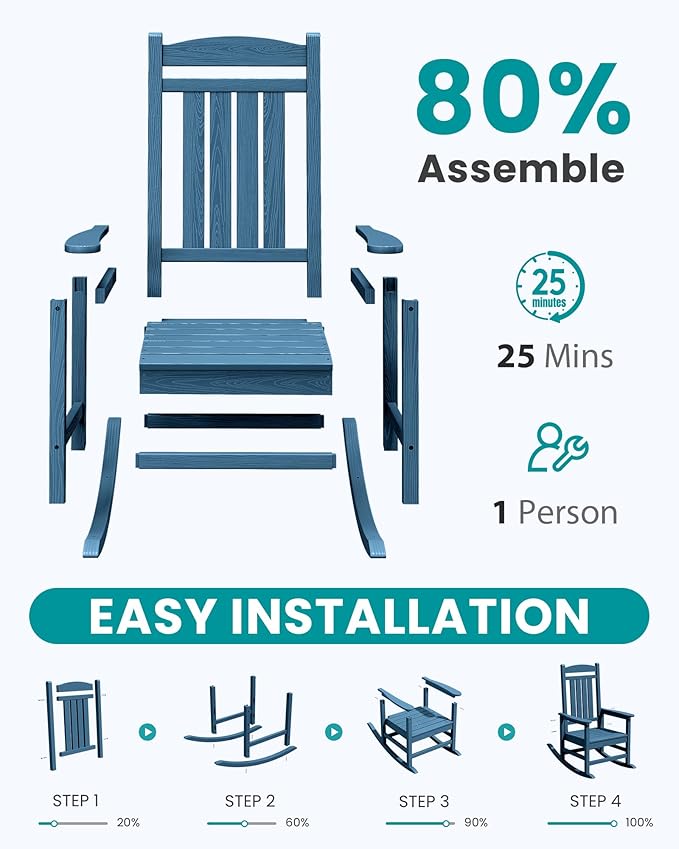 SERWALL Oversized Outdoor Rocking Chair, All-Weather Patio Rocking Chair, HDPE Porch Rocker for Adults, Blue - Image 8