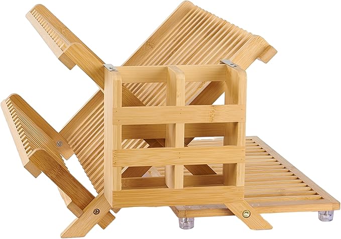 Bamboo Dish Drying Rack with Utensil Holder, Collapsible Wooden Dish Drainer by NOVAYEAH