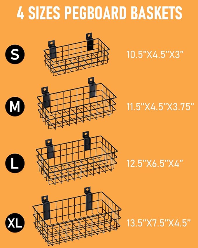 INCLY 4 Pack Black Slatwall Baskets Set, Ventilated Metal Hanging Storage Slat - Image 4