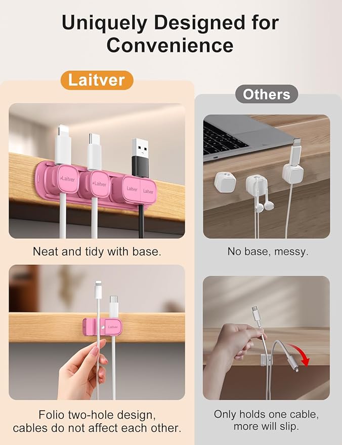 6 Pack Magnetic Cable Clips, Laitver Cord Organizer Holder Strong Adhesive Desk - Image 3