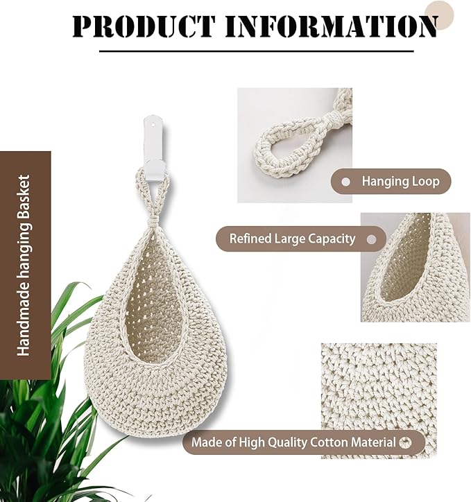 Hanging Fruit Large Basket Set of 3, Boho Wall Hanging Storage Basket - Image 3