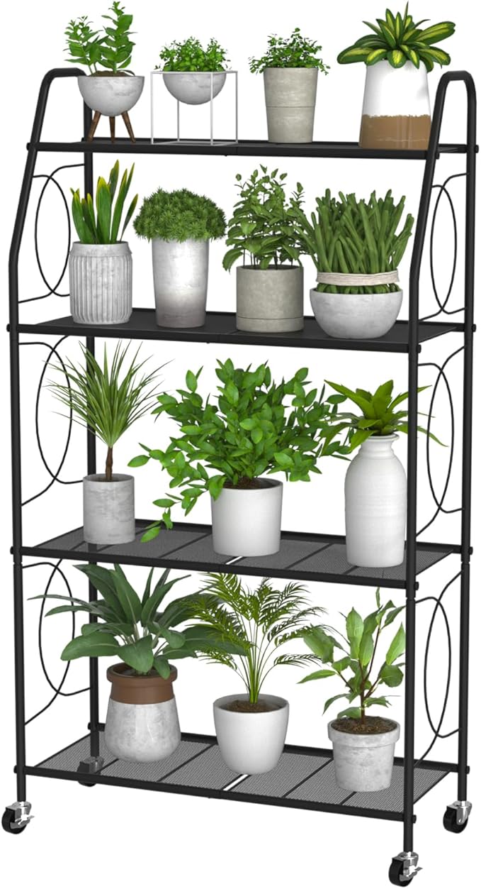 4 Tier Plant Stand with Wheels, Plant Shelf for Indoor Outdoor, Heavy Duty Metal Tall Plant Stands Holder Rack for Living Room Balcony and Garden, Black by VyGrow