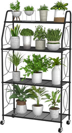 4 Tier Plant Stand with Wheels, Plant Shelf for Indoor Outdoor, Heavy Duty Metal Tall Plant Stands Holder Rack for Living Room Balcony and Garden, Black by VyGrow