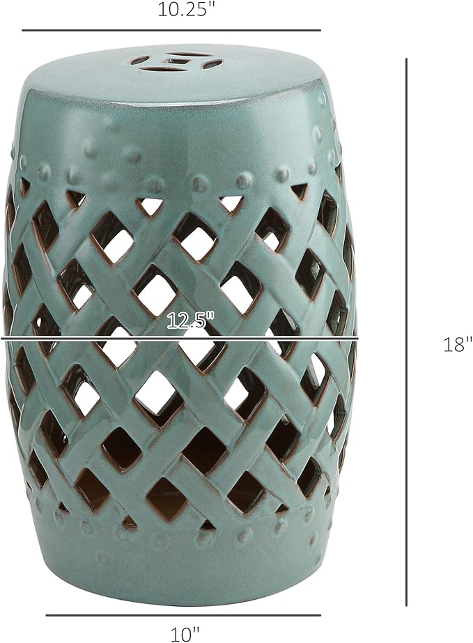 Outsunny 13" x 18" Ceramic Garden Stool with Woven Lattice Design & Glazed Strong Materials Decorative Outdoor Stool, Antique Blue - Image 3