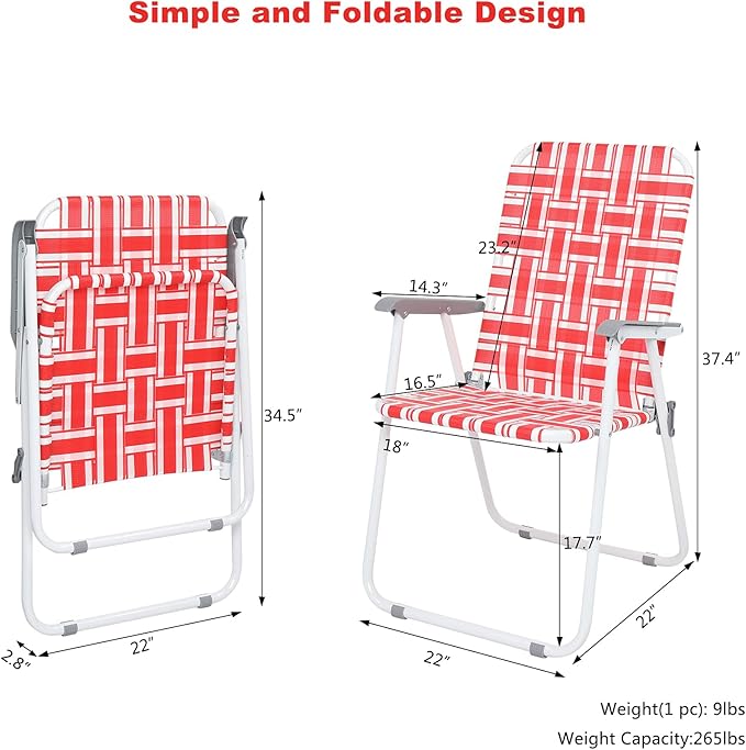 VINGLI Patio Lawn Webbed Folding Chairs Set of 2, Outdoor Beach Chair Portable Dining Chair for Yard, Garden (Red, Classic) - Image 4