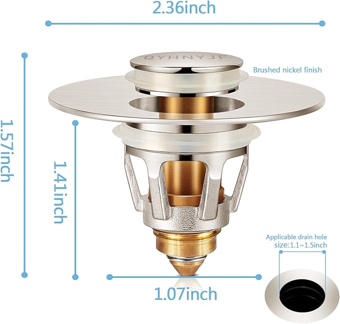 Bathroom Sink Stoppers Brushed Nickel – Pop Up Drain Stopper & Strainer - Image 2