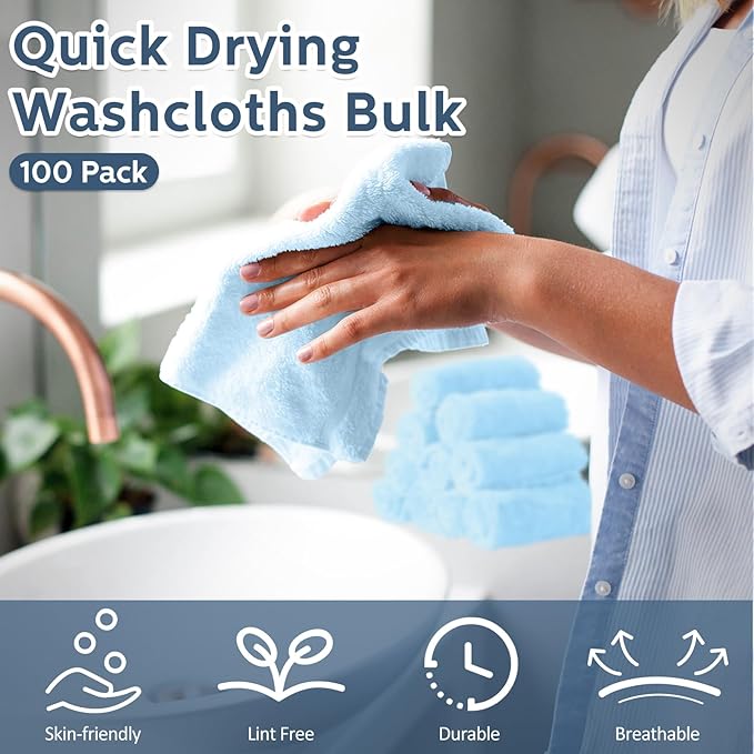 Newwiee 100 Count Washcloths Quick Drying Bathroom Wash Clothes 12 x 12 Inch - Image 3