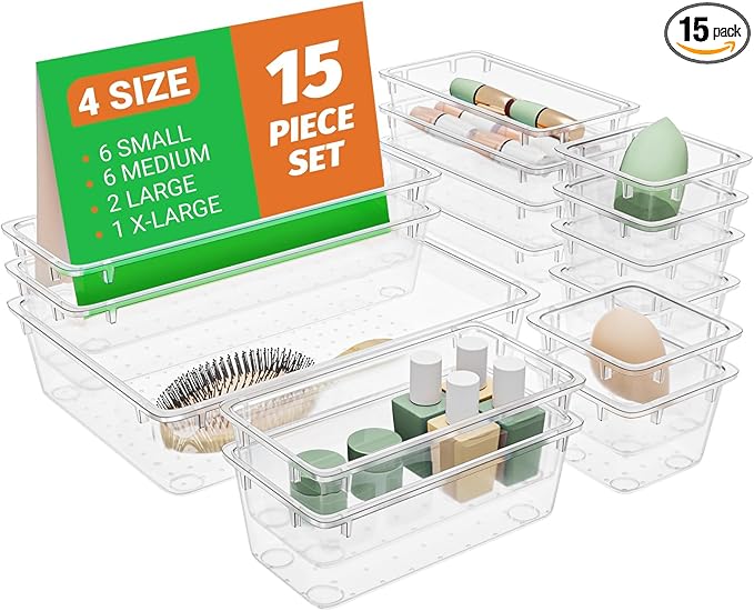 15 PCS Clear Plastic Drawer Organizer Set, 4-Size Acrylic Drawer Storage Trays by SpaceHacks